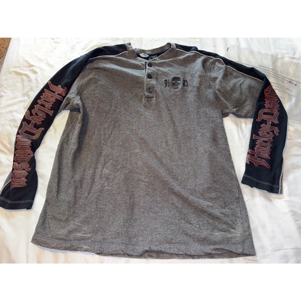 Harley Davidson Mens XL Henley Shirt Willie G Skull Long Sleeve Grey Black